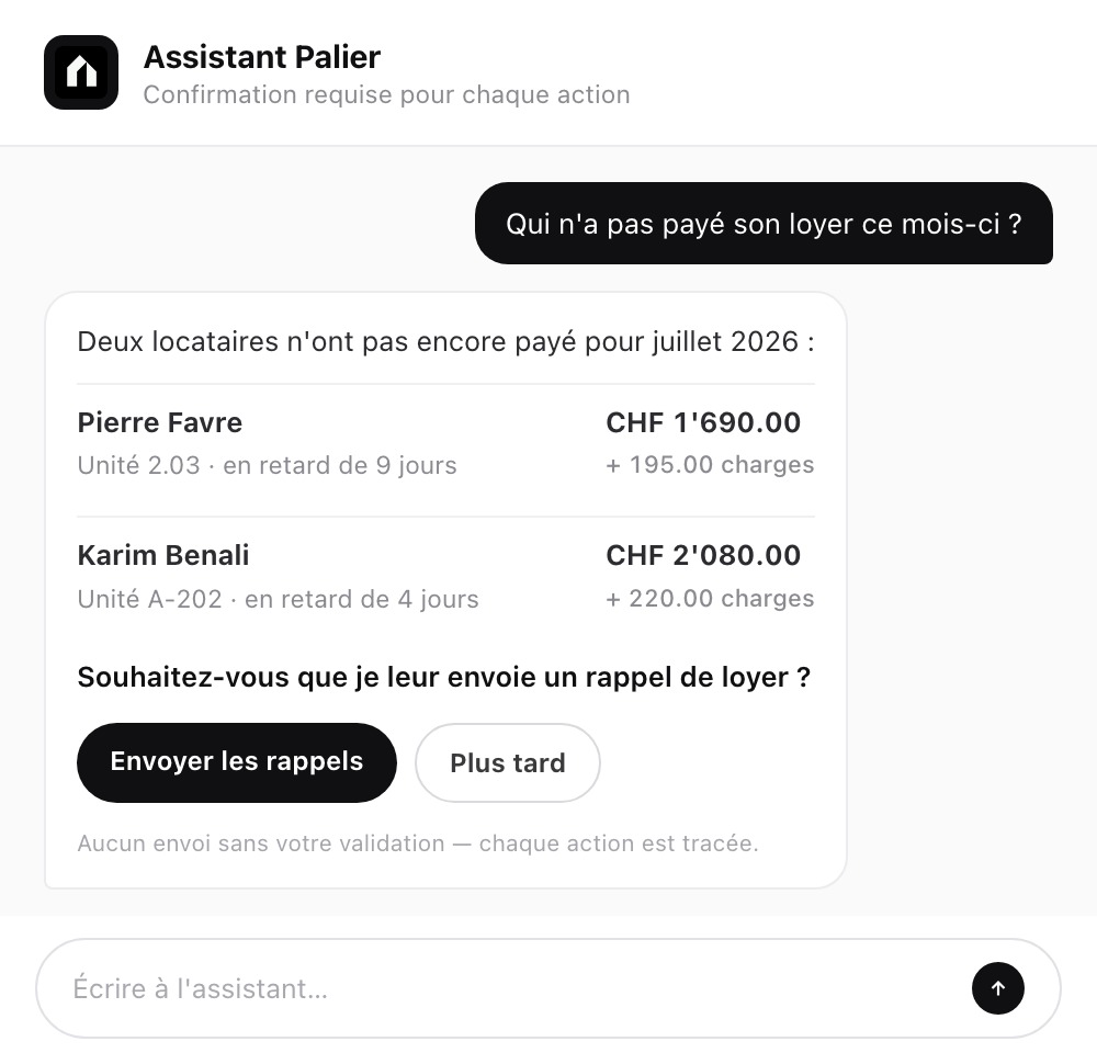 Assistant Palier : à la question « Qui n'a pas payé ? », il liste deux locataires et propose d'envoyer un rappel