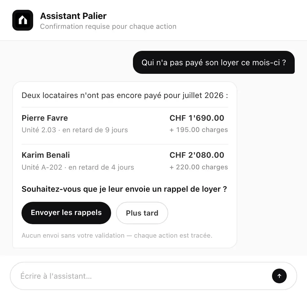 L’assistant de Palier : à la question « Qui n’a pas payé son loyer ce mois-ci ? », il liste deux locataires en retard et propose d’envoyer un rappel